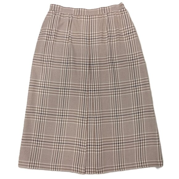 Women's Plaid Skirt Midi Pleated Tan White Black Cotton Blend A-Line Vtg Size 12 - Picture 1 of 6